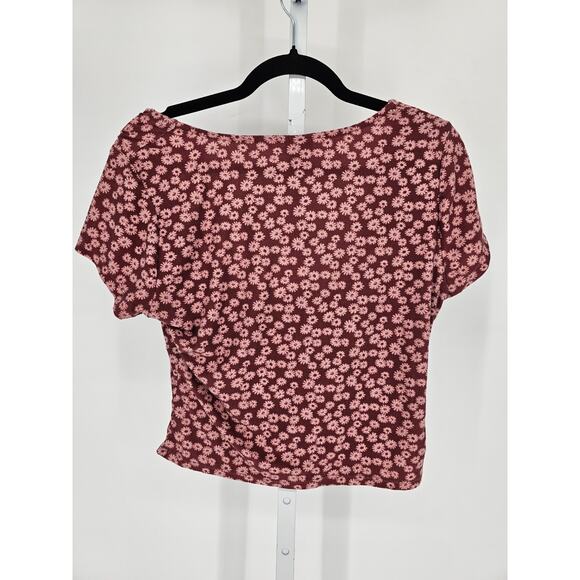 Y2K Rue 21 Womens Sz XL Short Sleeve Crop Top T Shirt Burgundy Daisy Floral - Picture 3 of 3